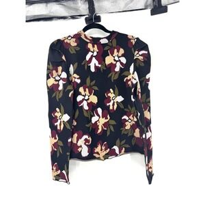 Shop Stevie Floral Puffed Shoulder Knit Sweater Top Black Burgundy Large